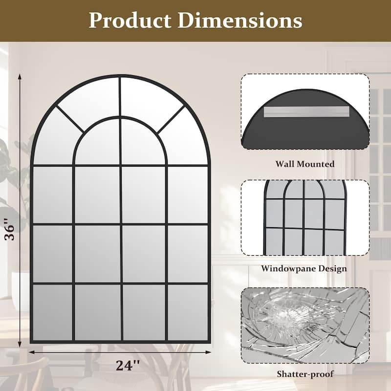Arched Windowpane Bathroom Mirror with Metal Frame