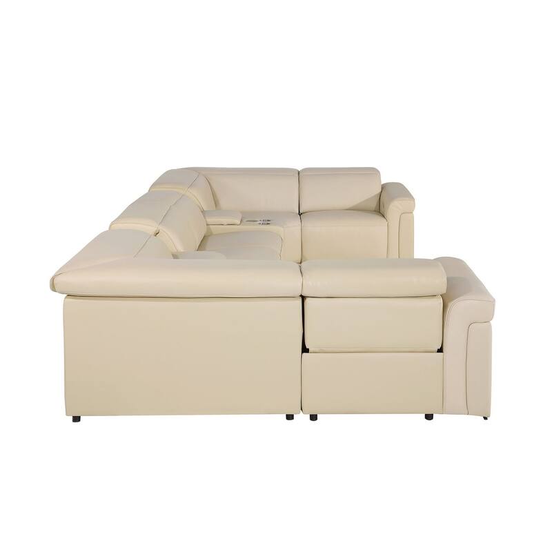 HomeRoots Beige Italian Leather Power Reclining U Shaped Eight Piece Sectional With Console