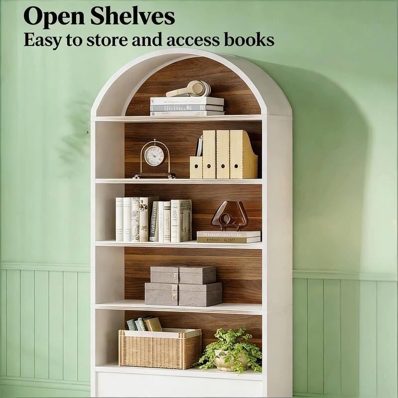 5-Tier Arched Bookshelf with Drawer & File Cabinet, Wood Storage Bookcase for Living Room or Home Office