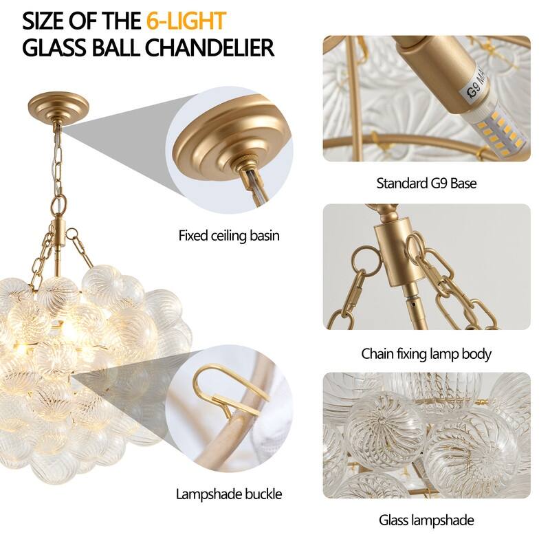 Adjustable Gold Pendant Chandelier with Threaded Clear Glass Globe Shade–Perfect for Living Rooms,Dining Rooms (No Bulbs) .