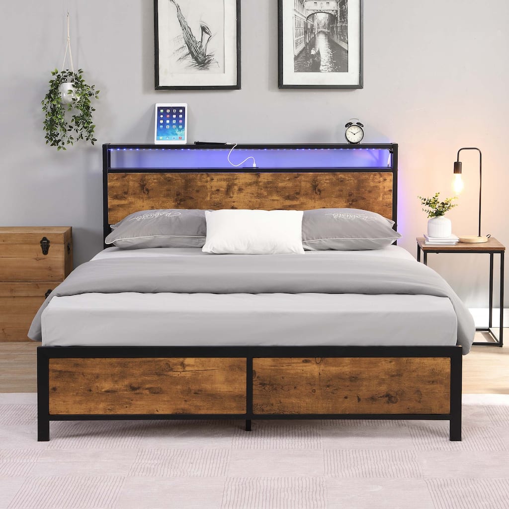 Noise Free Metal/Wood Platform Bed Frame with 2 USB Ports, Modern Industrial LED Lights Headboard Bed Frame with Shelf