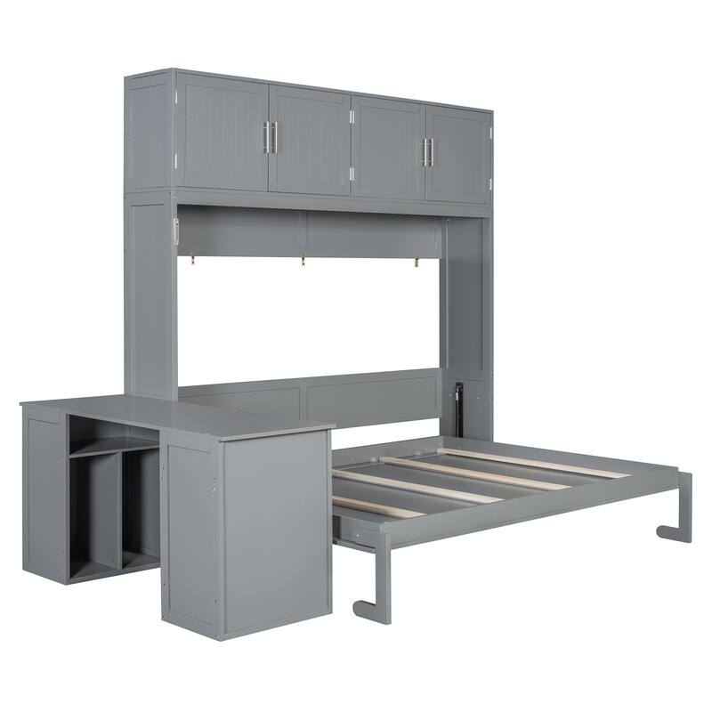 Queen Wall Murphy Bed with Fold Down Desk - Includes Storage Shelves and Large Cabinets