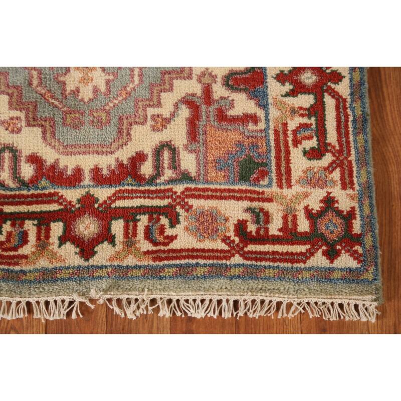 Geometric Heriz Serapi Indian Runner Rug Handmade Blue Wool Carpet - 2'7" x 10'5"