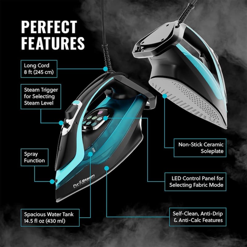PurSteam SteamTech Elite 1750W Steam Iron, Digital Temp Control & LED Display, Ceramic Soleplate, Self-Clean, Auto Shut-Off