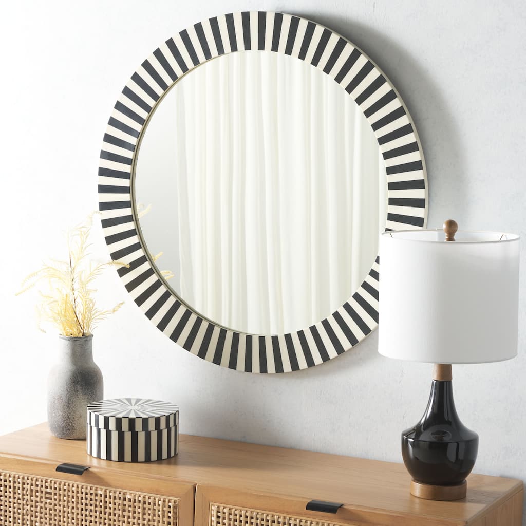 SAFAVIEH Home Charli 29.2-inch Round Black/Ivory Resin/MDF Mirror - 29.2"W x 0.75"D x 29.2"H