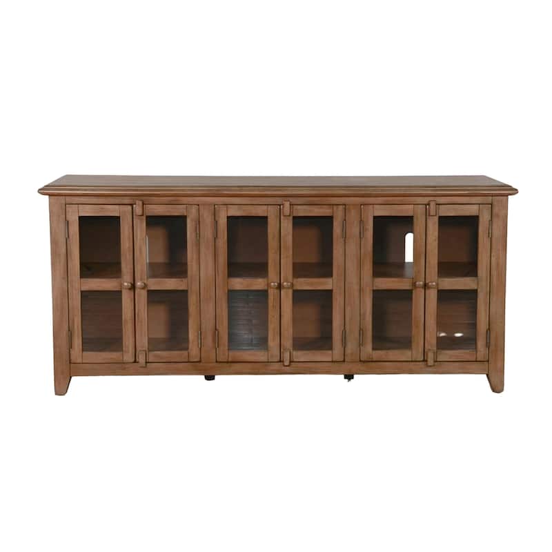 Yael TV Media Console, 6 Shelf, Glass Doors, 70 Inch Light Brown Wood