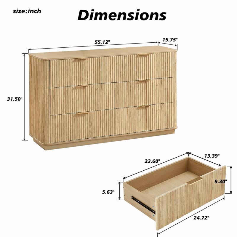 6-Drawer Dresser - 55" Wide Modern Chest of Drawers with Curved Wave Design