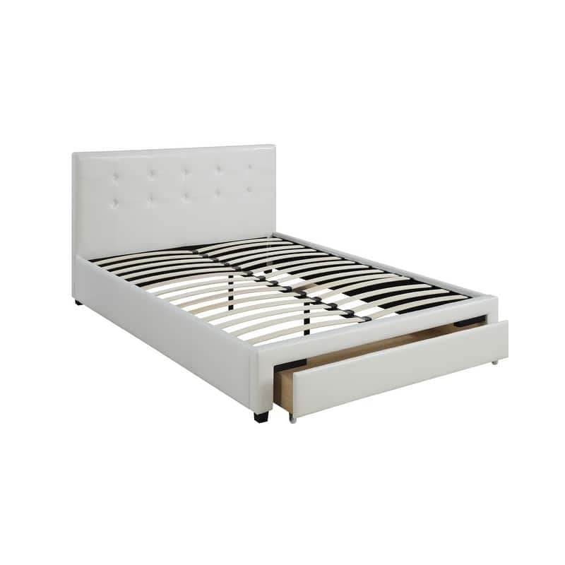 Queen Size White Upholstered Bed with Faux Leather Headboard and Under Bed Storage