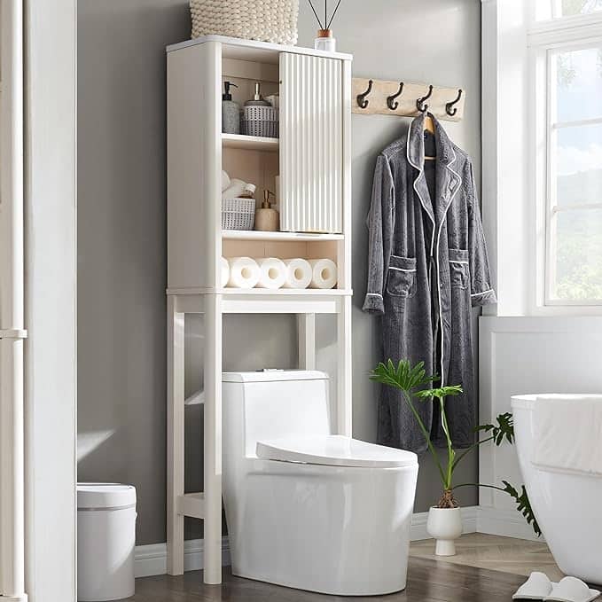 68" Tall Modern Over The Toilet Storage Cabinet, Tall Wood Space Saver - Solid White