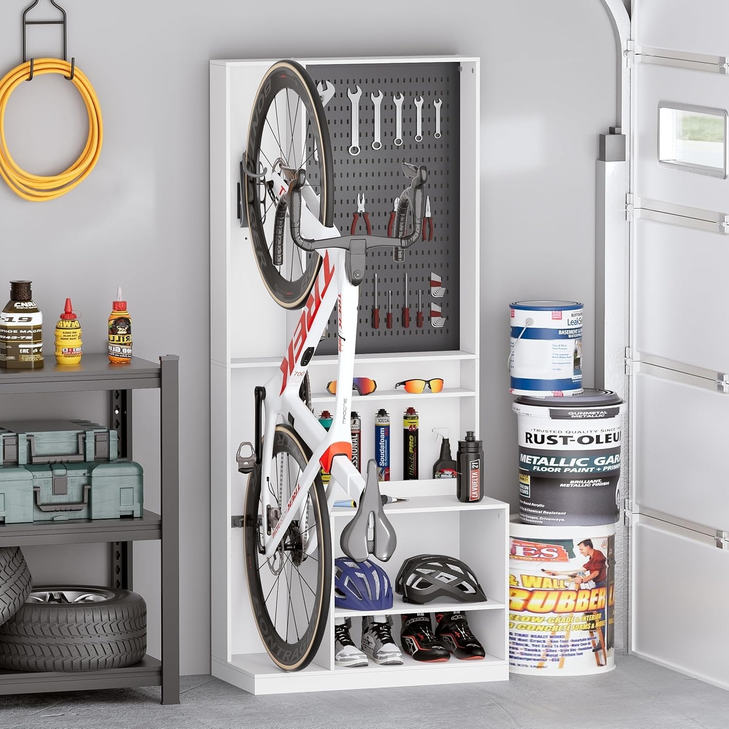 AKASEPT Bike Storage Rack Cabinet Freestanding Bicycle Storage Organizer Rack with Pegboard 10 S hooks Open Storage Shelves Bed Bath Beyond 41032664