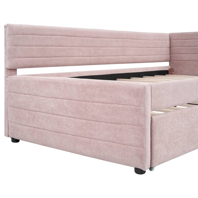 Twin Size Upholstered Daybed with Roll-Out Trundle, Space-Saving Wooden Frame, No Box Spring Needed
