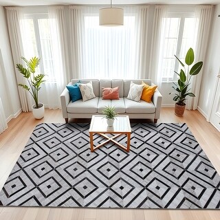 Urban Art 5'x8' Leather Area Rug Geometric Handstitched Beige Area Rug ...