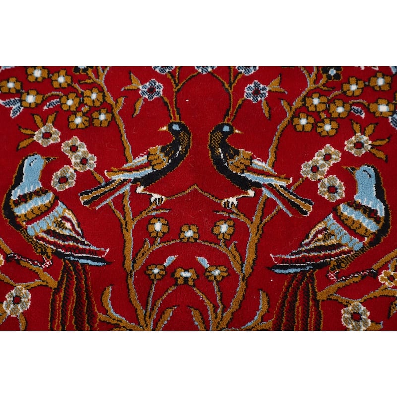Animals Red Pictorial Kashan Turkish Area Rug Machine Made Carpet - 9'7" x 13'1"