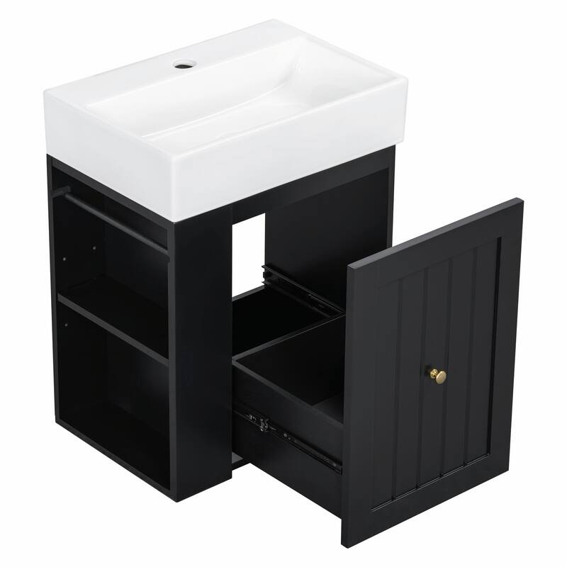 20-Inch Bathroom Vanity with Ceramic Sink - MDF Storage Cabinet with Drawer, Side Shelf and Silver Handle