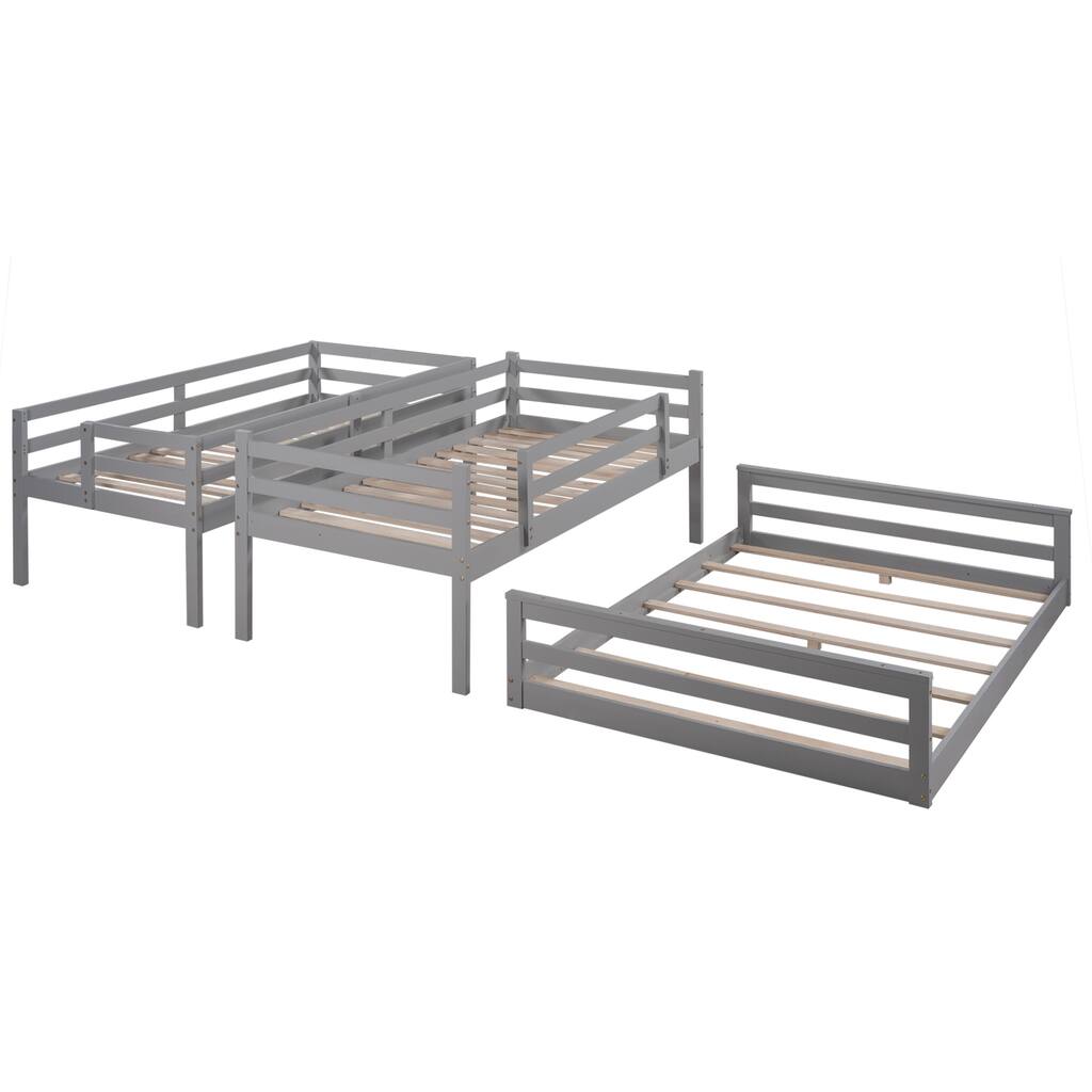 Gray Twin over Twin over Full Triple Bunk Bed with Convertible Ladder and Slide, 77.4''L*56''W*76.9''H, 187LBS