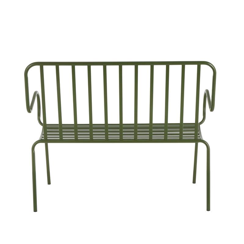 Green Metal Slatted Patio Outdoor Bench with Curved Armrests