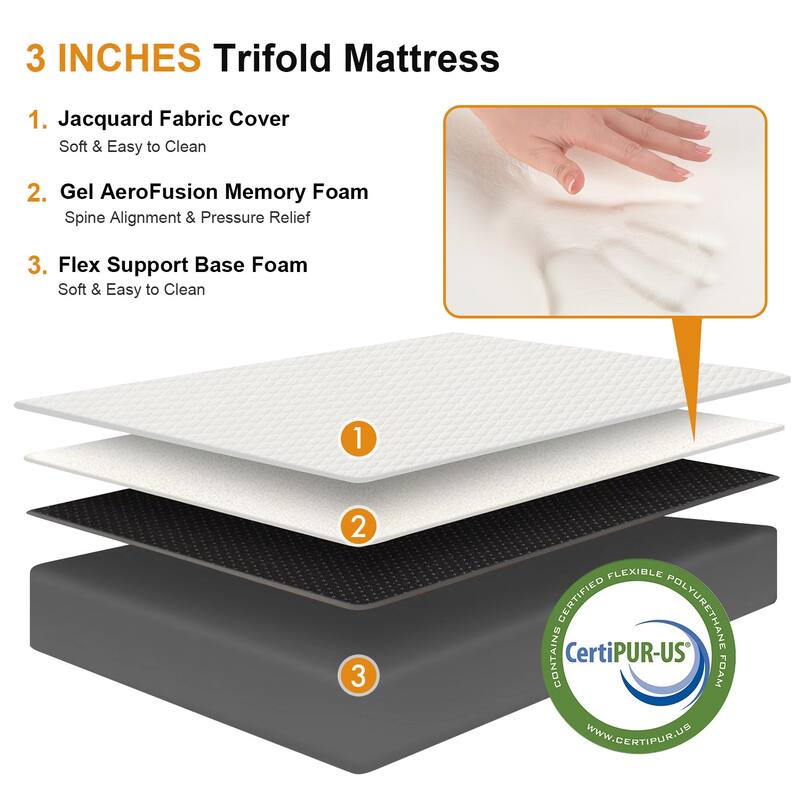 Folding Mattress, 3 inch Tri-Fold Memory Foam Mattress Topper for Camping, Foldable Guest Bed, Washable Cover