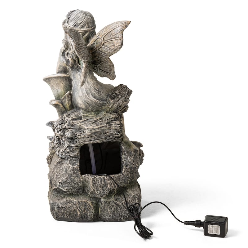 Glitzhome 22"H 4-Tiered LED Lighted Mermaid Fairy Polyresin Outdoor Floor Statue Fountains