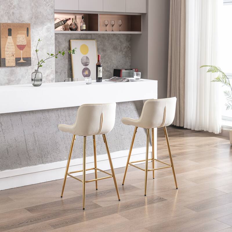 2 Bar Stools with Chrome Footrest Velvet Fabric Counter Stool Golden Leg Simple Bar Stool - N/A - Cream