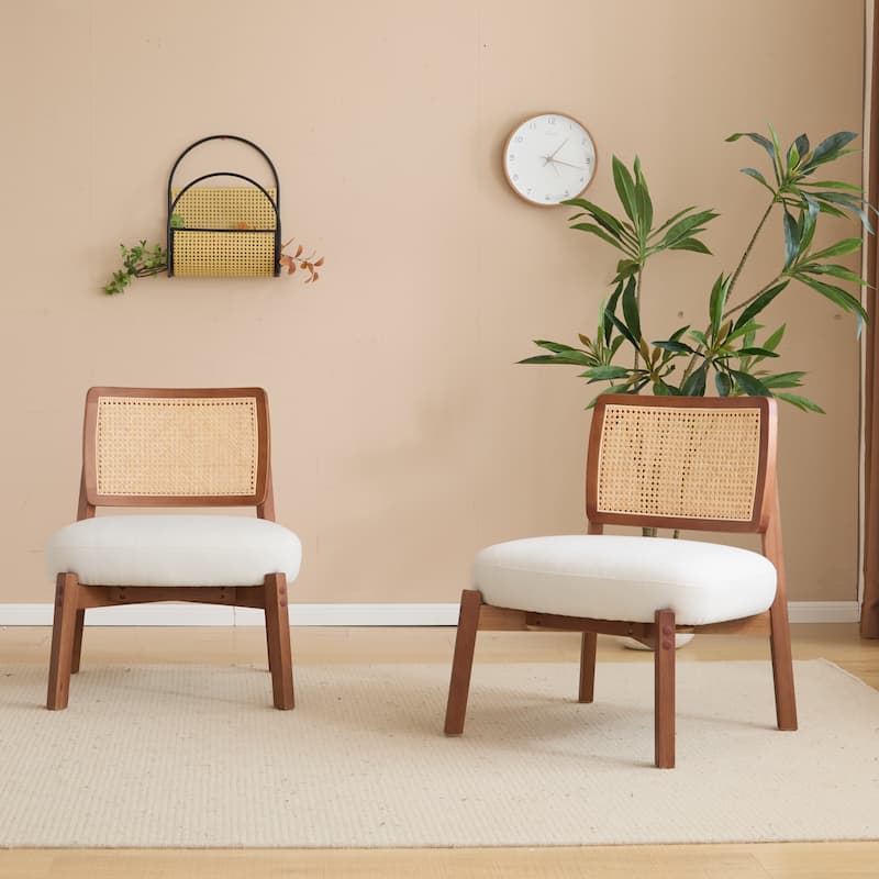 Woven Backrest Armless Accent Chair w/ Upholstered Seat, Set of 2