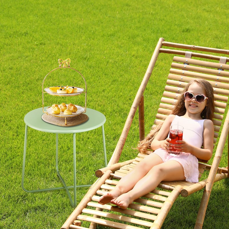 Green Metal Side Table with X-Frame, Adjustable Feet for Indoors/Outdoors - 20.1 x 20.1 x 18.3 in