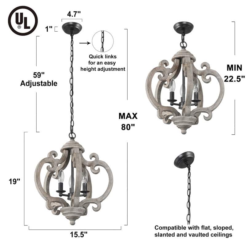Azizon Farmhouse 3-Light Lantern Chandelier Wood Pendant Lights for Kitchen Island - 15.5"D x 19"H