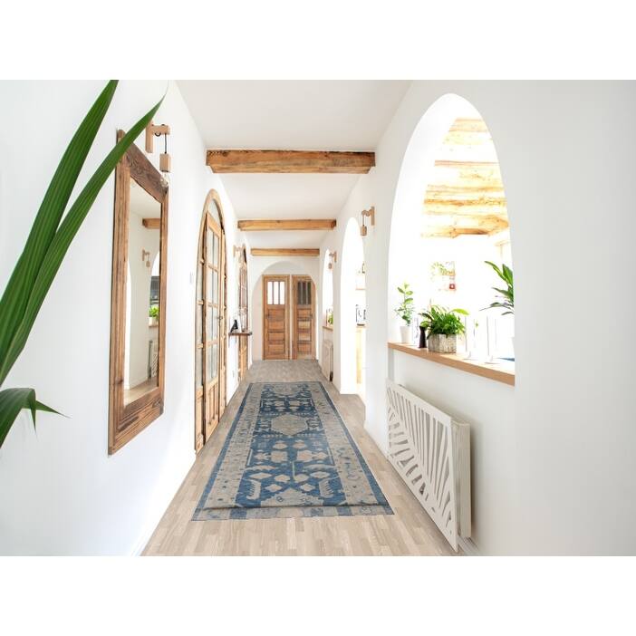 Hand Knotted Oriental 100% Wool Carpet Transitional Geometric Navy Blue & Blues Oushak Runner Rug - 15' 2'' X 2' 10''
