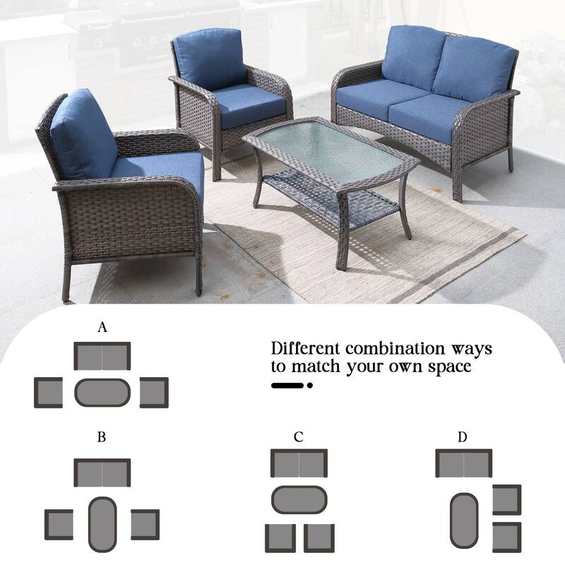 HOOOWOOO 4-piece Wicker Outdoor Conversation Sofa Set with Glass Coffee Table
