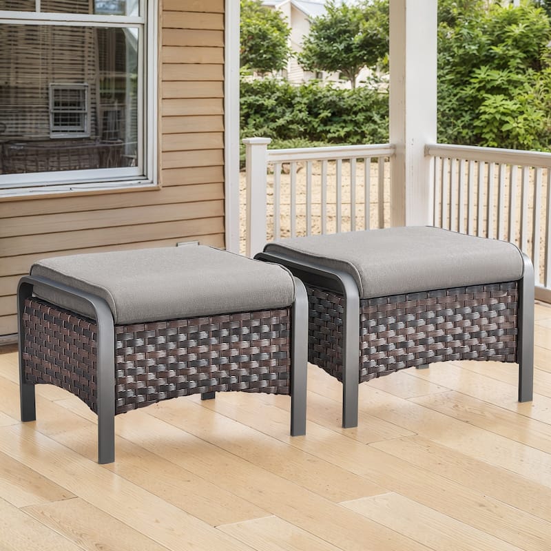 Outside Patio Wicker Ottoman with Cushion - Brown Rattan - Grey Cushion - 2PCS Ottomans