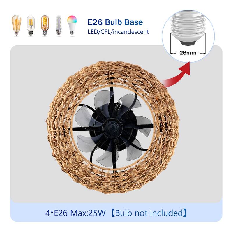 19.6" Bamboo Ceiling Fan with Remote Control and 6 Speed, NOT Included Bulbs