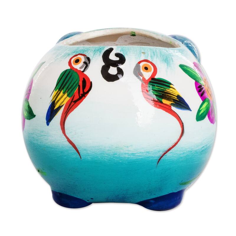 Novica Handmade Herbaceous Piglet Ceramic Mini Flower Pot