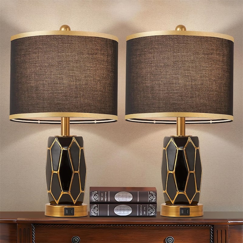 Ceramic Table Lamp with USB Port, Bedside Nightstand Lamp with Fabric Drum Shade - Black