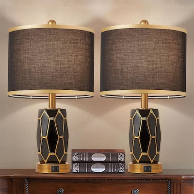 Ceramic Table Lamp with USB Port, Bedside Nightstand Lamp with Fabric Drum Shade