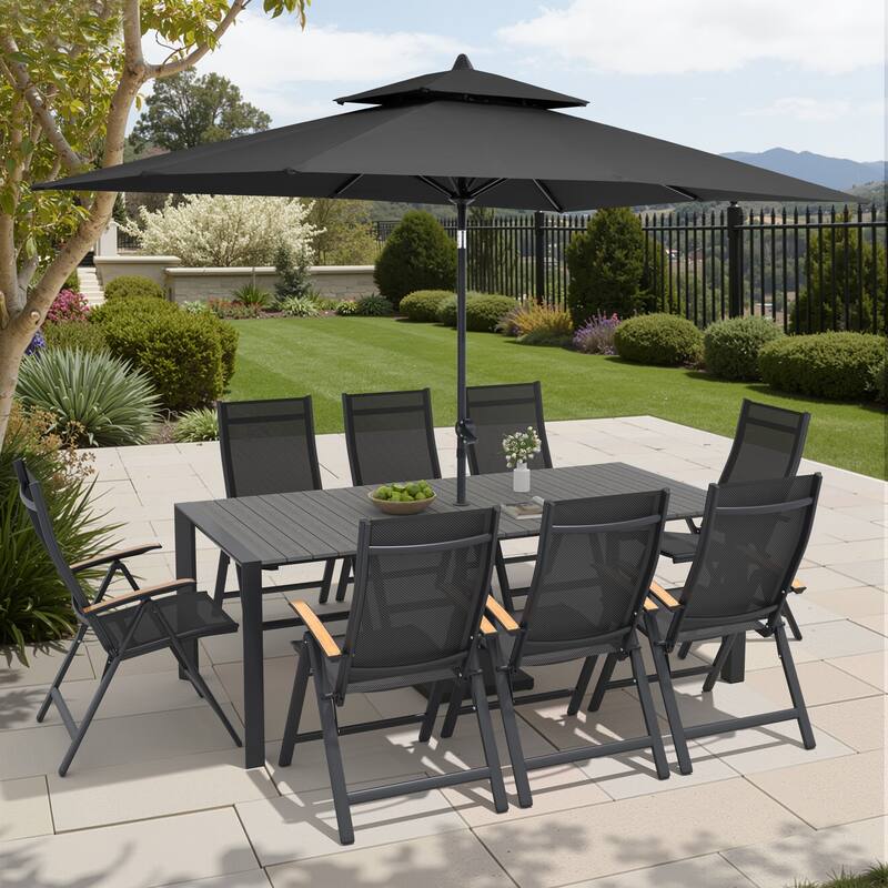 9/11-Piece Outdoor Patio Dining Set Aluminum Dining Table and Chairs w/10 ft Market Umbrella and Base - Set of 11 - Grey Table with Black Umbrella