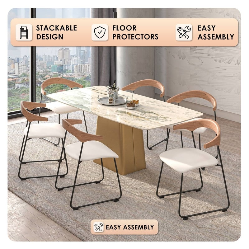 Lyra Leather Upholstered Dining Chair with Solid Wood Open Backrest & Metal Legs for Kitchen, Living Room, or Bedroom (Set of 4)