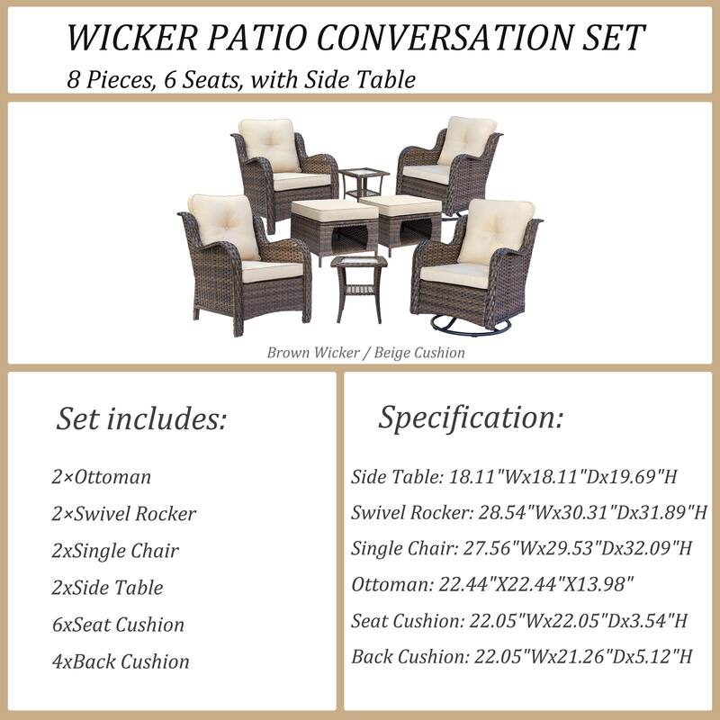 8 Piece Outdoor Wicker Patio Furniture Swivel Glider Chair Ottoman Set