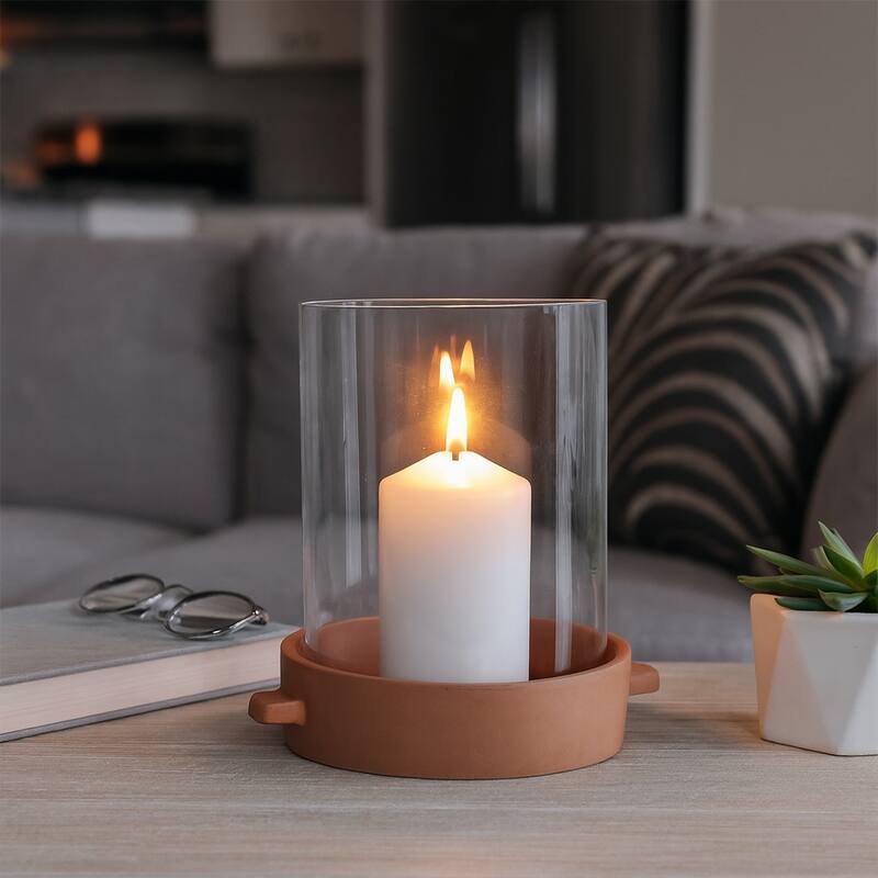Modern Glass Hurricane Candle Holder with Terracotta Base - 10"