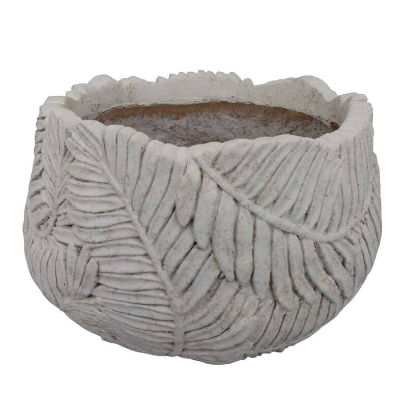 Sicily Accent Planter with Leaf Embossed Surface, Flared Gray Resin
