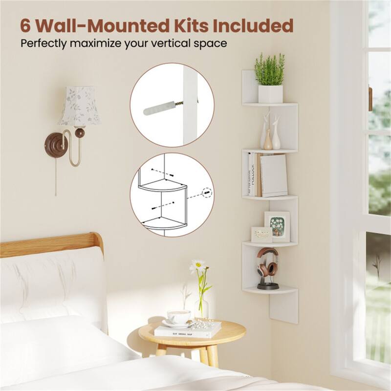 5-Tier Floating Corner Shelf Wall Mounted Organizer for Living Room Bedroom or Kitchen - 8" x 8" x 50"