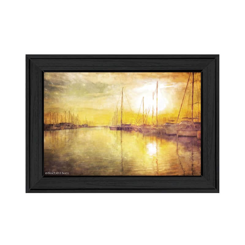 TrendyDecor4U Contemporary "Yellow Sunset Boats In Marina " Framed Print Wall Art