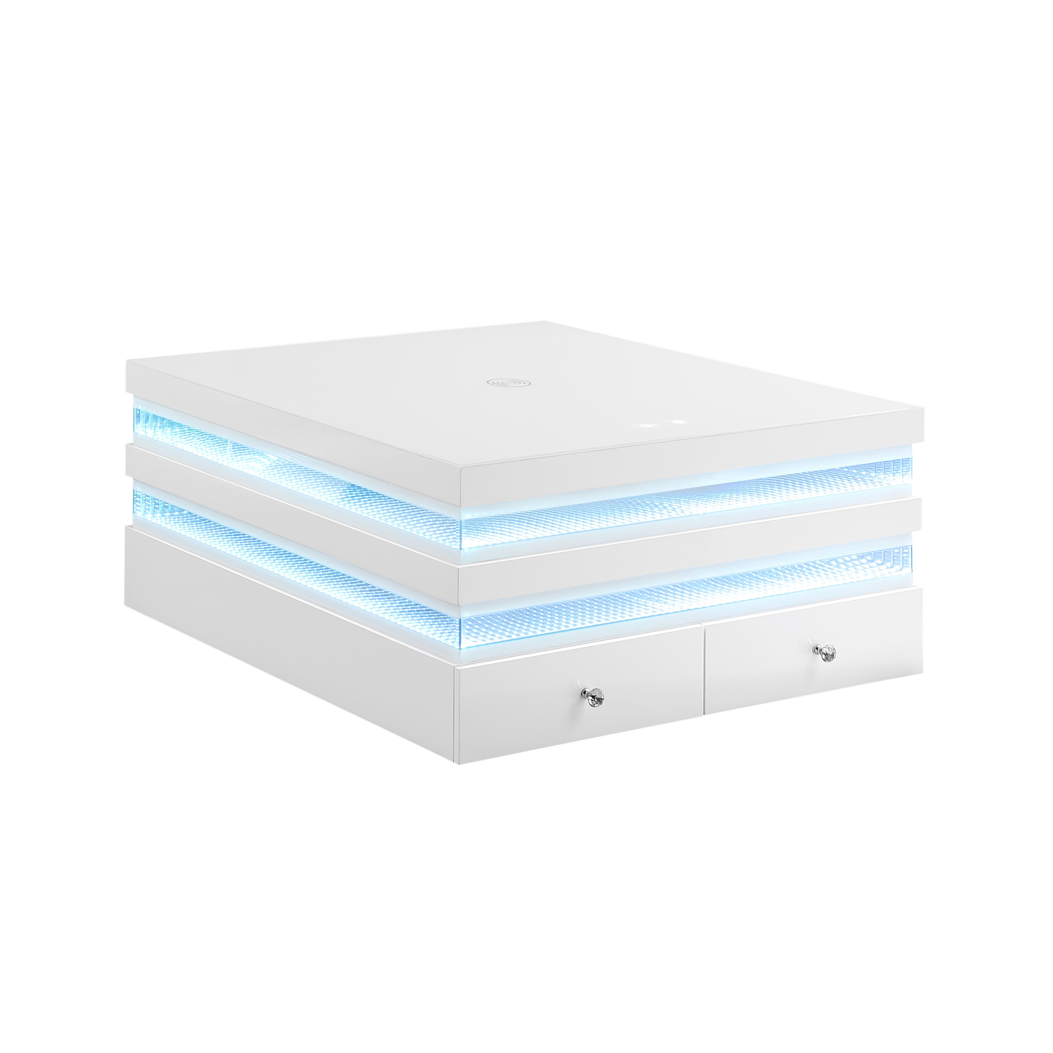 Furniture of America Xynra White 2-Drawer Square Coffee Table with LED Light, Wireless Charging Station and Bluetooth Audio