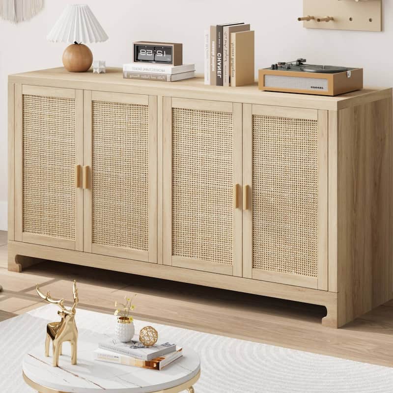 Rattan Buffet Storage Cabinet with 4 Doors and Shelf