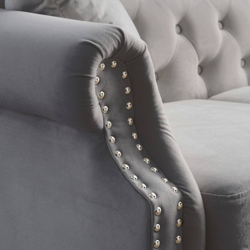 Chesterfield Sofa Velvet for Living Room, 3 Seater Sofa Tufted Couch with Rolled Arms and Nailhead, two pillows 