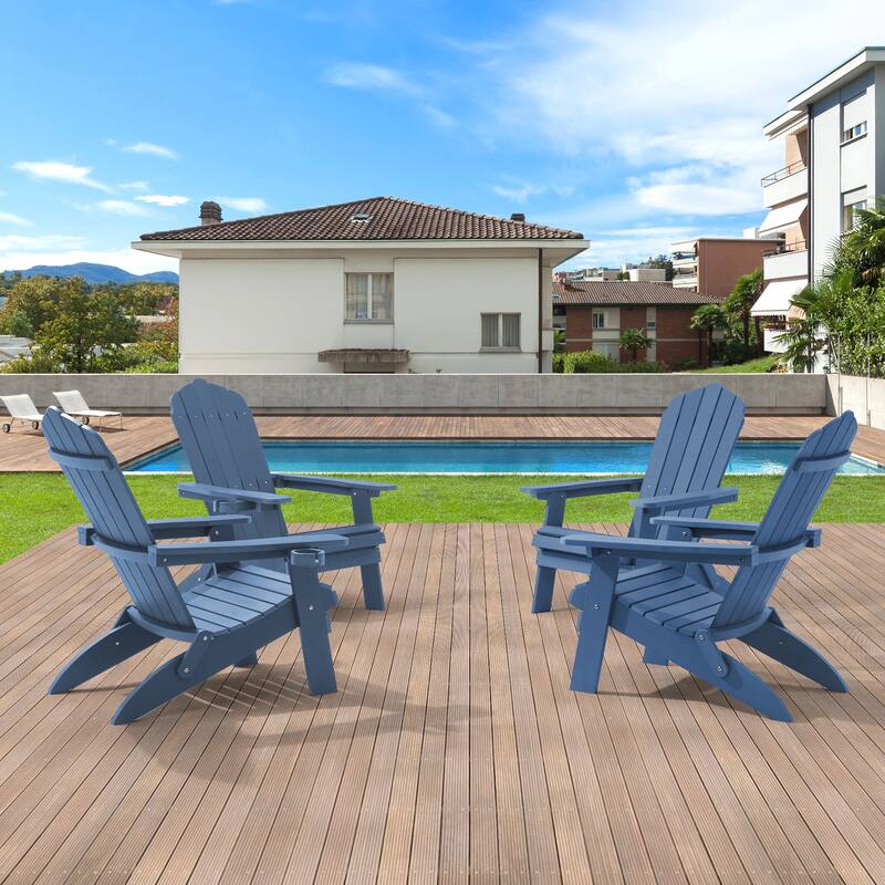 LIVOOSUN Outdoor Folding Adirondack Chair w/Cup Holder Set of 4 - Navy Blue