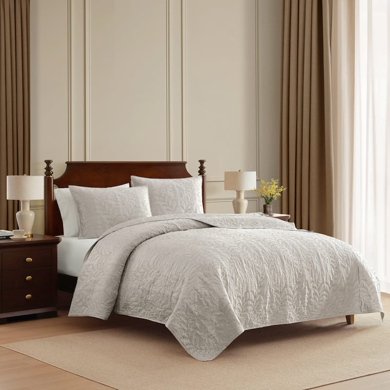 Martha Stewart Fern Embroidery Reversible Quilt Set - Grey - Full - Queen