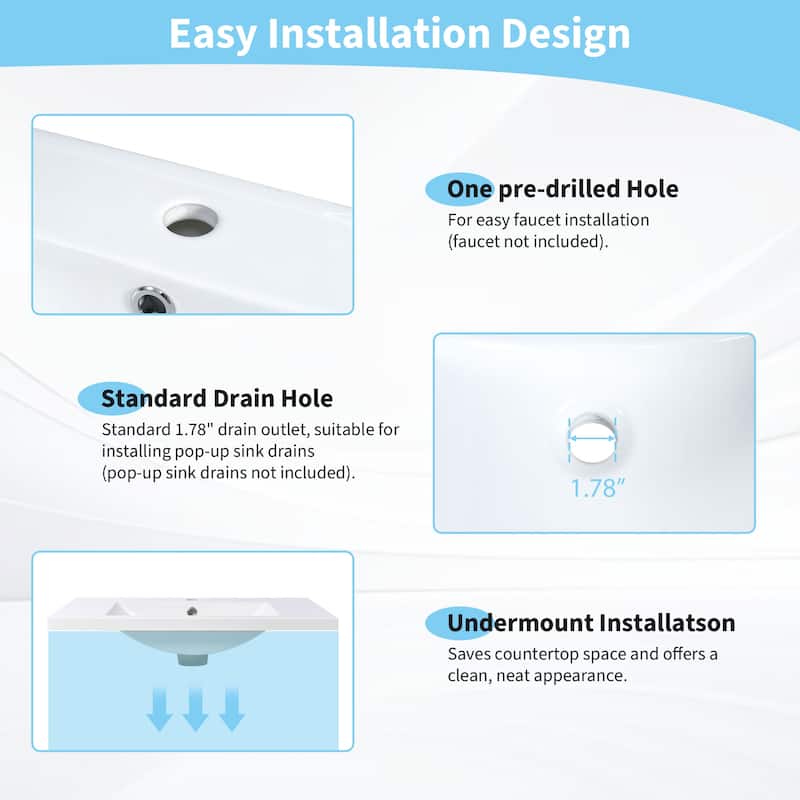 Roomfitters 30x18" Rectangular Bathroom Vanity Top Resin Sink, Single Hole Countertop Basin, White