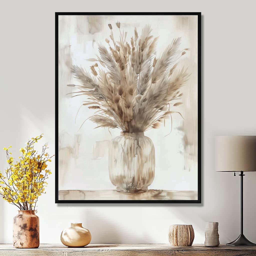 Designart "Beige White Boho Plant Chic I" Boho Feather Framed Wall Art - Traditional Wall Decor Art Red Wall Art Print