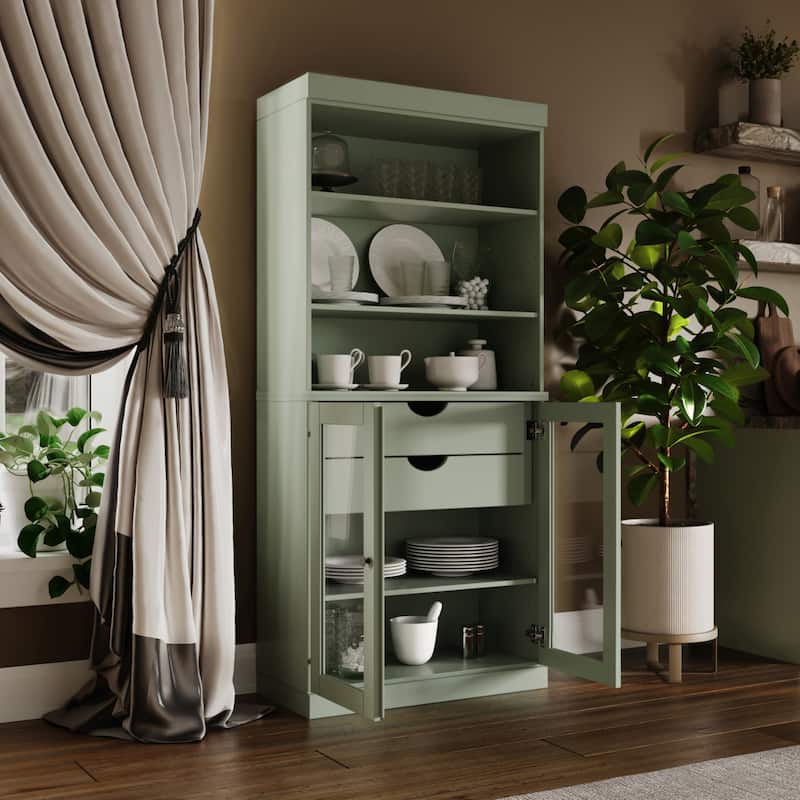 100% Solid Wood Kitchen Pantry Cabinet with 2 Clear Glass or Solid Wood Doors and 2-Drawer Organizer by Palace Imports - Sage - Clear Glass