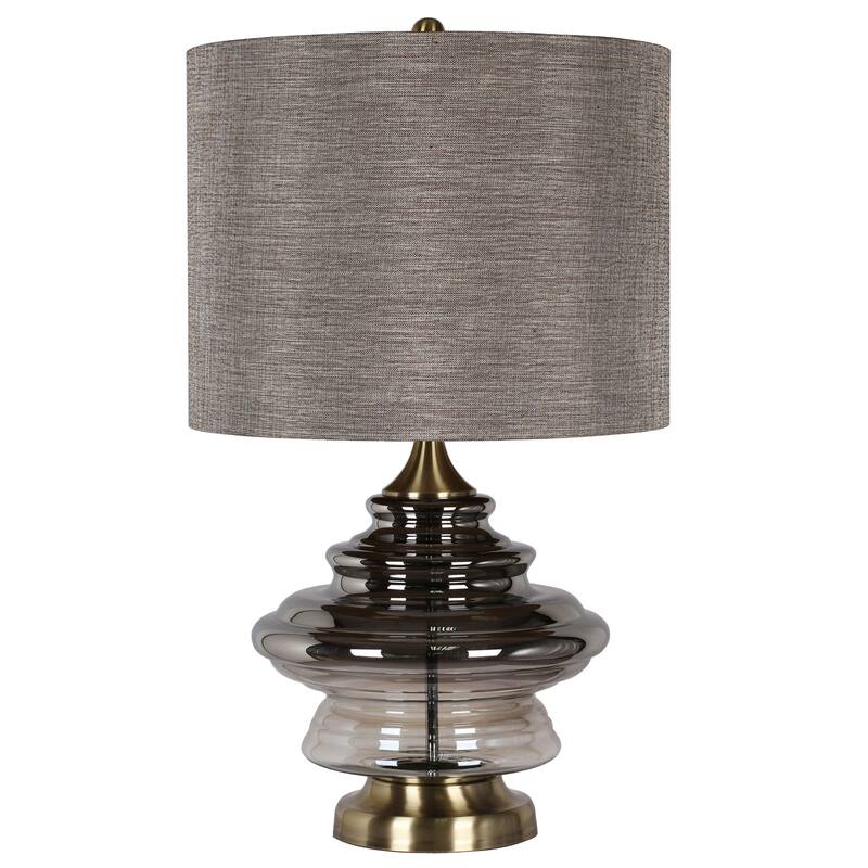 Harp & Finial Kimball 1-light Antique Soft Brass Table Lamp - Grey Hardback Fabric Shade - Brass