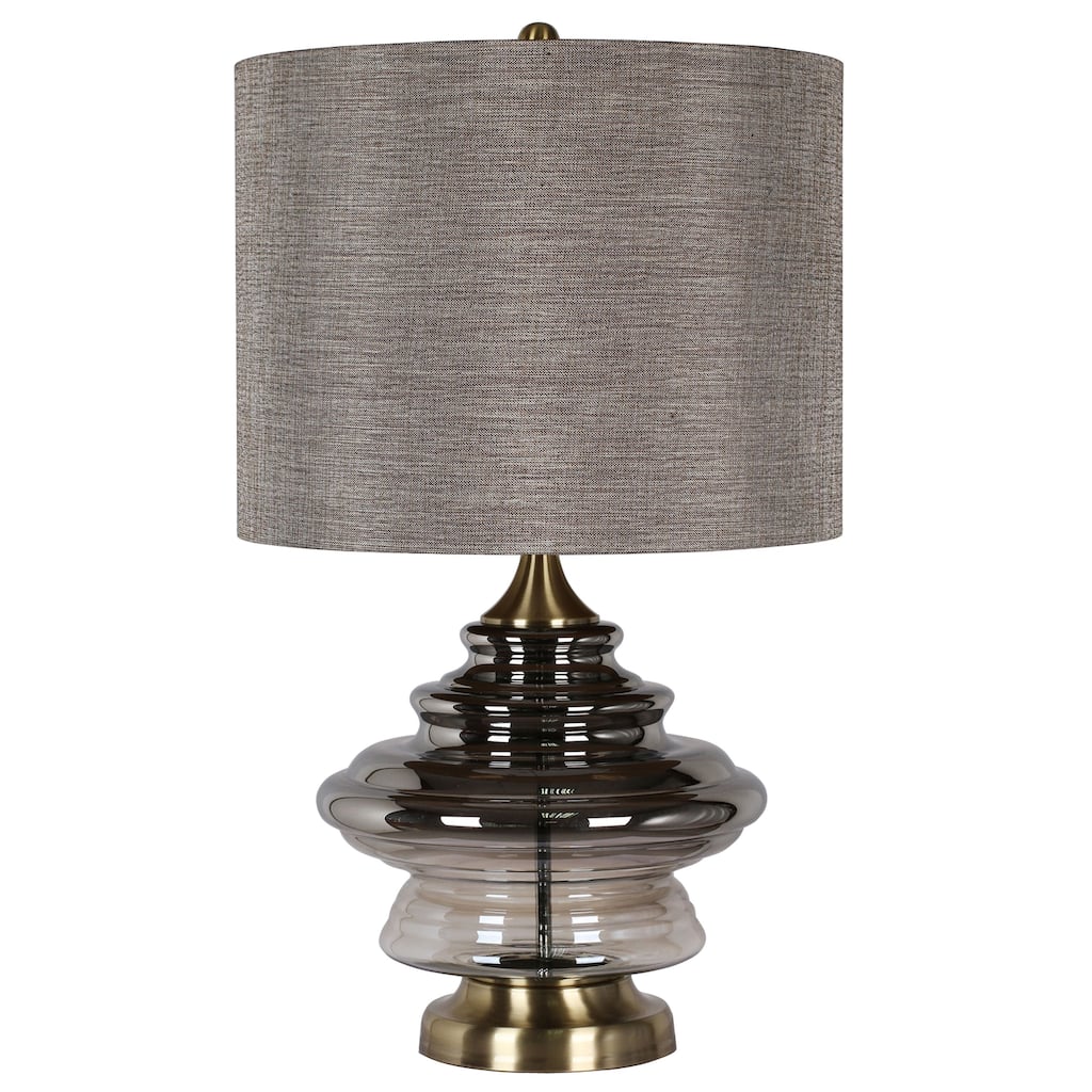Harp & Finial Kimball 1-light Antique Soft Brass Table Lamp - Grey Hardback Fabric Shade